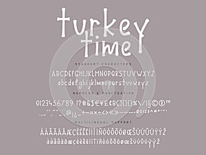 Cartoon brush font. Cute handwriting alphabet with uppercase letters, numbers, punctuation and multilingual support. Holiday type