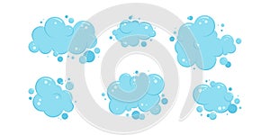 Cartoon bubble soap laundry, shampoo, water soda, blue foam bath vector icon, effervescent, gas ball set. Clean illustration