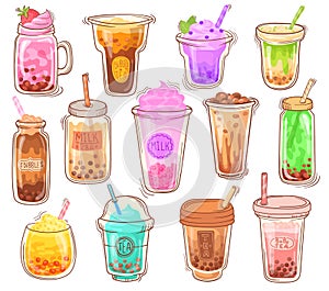 Cartoon bubble tea. Cool smoothie drinks in cups, boba milk shake asian beverages, smoothies dessert menu coffee mocha