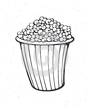 Cartoon bucket full of popcorn. Outline. Striped paper cup with junk snack. Symbol of the film industry and fast food.