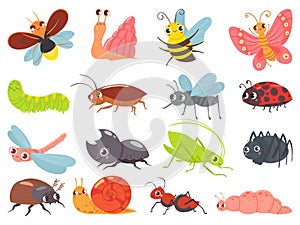 Cartoon bugs. Baby insect, funny happy bug and cute ladybug vector set