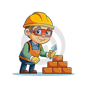 Cartoon builder constructing brick wall with trowel and safety gear