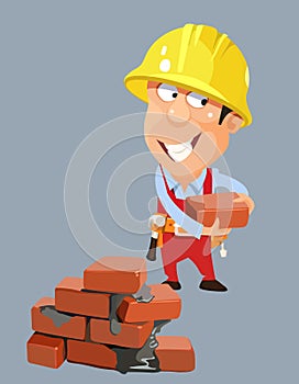 Cartoon builder worker man in a helmet with bricks