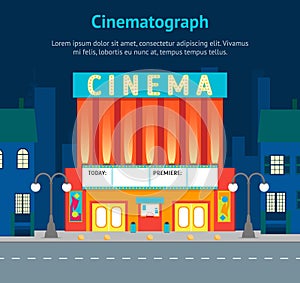 Cartoon Building Cinema on a City Landscape Background Card Poster. Vector
