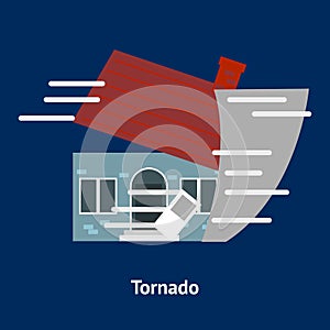 Cartoon Building Disasters Destruction Tornado on a Blue. Vector