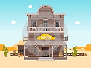 Cartoon Building Saloon on a Landscape Background. Vector
