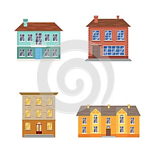 Cartoon buildings set. House exteriors. Different colors and styles. Front facades view. Vector illustrations