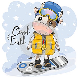 Cartoon Bull on a snowboard on a blue background