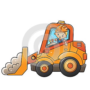 Cartoon bulldozer with worker. Construction vehicles. Colorful vector illustration for children