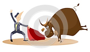 Cartoon bullfighter and the bull illustration