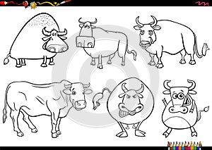 cartoon bulls farm animal characters set coloring page