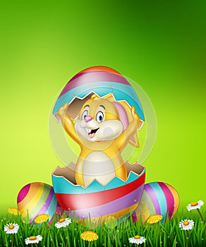 Cartoon bunny come out from Easter egg