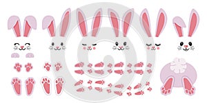 Cartoon bunny elements. Cute bunny footprint trail, paws, ears and faces. Funny bunnies head and muzzle. Decorative