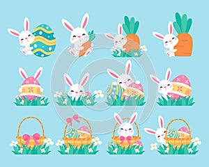 A cartoon bunny hiding behind colorfully decorated Easter eggs during the Easter Egg Festival