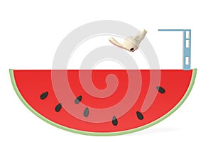 A cartoon bunny jumpping to watermelons,3D illustration. photo