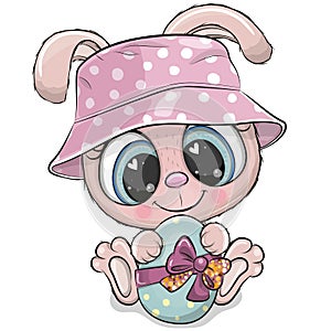 Cartoon Bunny in panama hat with Easter egg