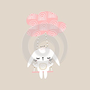 Cartoon bunny princess character on a swing. Vector illustration with funny girl rabbit