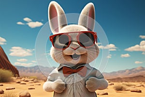 Cartoon bunny, sunglasses on, ventures into the sandy desert