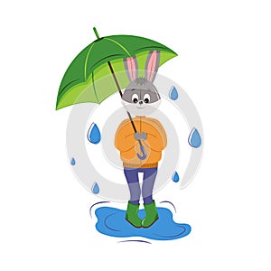 Cartoon bunny under an umbrella in the rain.