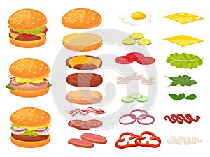 Cartoon burger ingredients. Hamburger, chop bun and tomato. Ham, fresh pickles and cheese slices. Fast food constructor vector