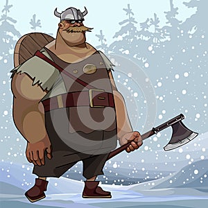 Cartoon burly man in viking clothes with an ax in a snowy forest