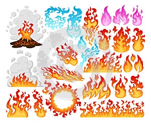 Cartoon burning flames, fireballs and bonfire, wildfire elements. Burn red flames, fire flame spurts vector symbols illustrations photo