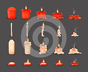 Cartoon burning wax candles on the different stages of burning