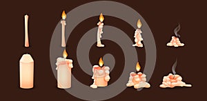 Cartoon burning wax candles on the different stages of burning
