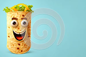 Cartoon burrito fast food character. Kawaii spring roll, shawarma or doner kebab funny personage