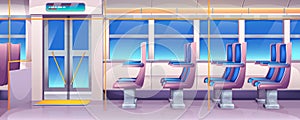 Cartoon bus interior with chairs, window and doors