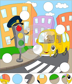 Cartoon bus and traffic lights. Complete the puzzle and find the