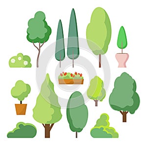 Cartoon bush and tree set. Vector trees and bushes isolated on white background, nature green forest plants for hedge or
