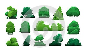 Cartoon bushes. Green shrubs and trees for garden, hedge and field, floristic decorative elements in flat style. Vector