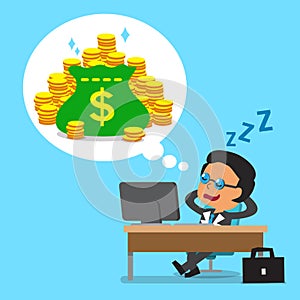 Cartoon business boss falling asleep and dreaming about money