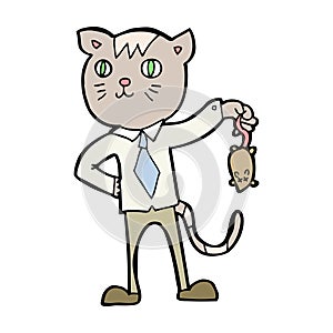 cartoon business cat with dead mouse