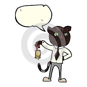 cartoon business cat with dead mouse with speech bubble