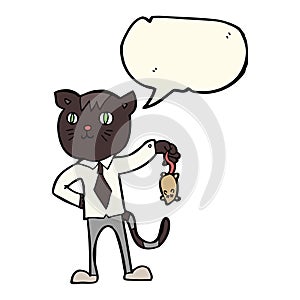 cartoon business cat with dead mouse with speech bubble