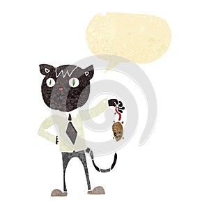 cartoon business cat with dead mouse with speech bubble