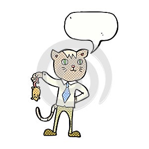 cartoon business cat with dead mouse with speech bubble