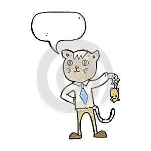 cartoon business cat with dead mouse with speech bubble