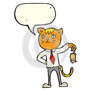 cartoon business cat with dead mouse with speech bubble