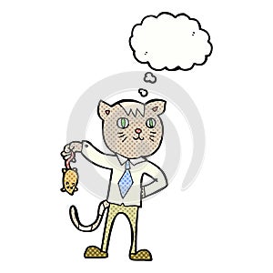 cartoon business cat with dead mouse with thought bubble