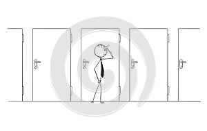 Cartoon of Business Man Choosing from Many Door