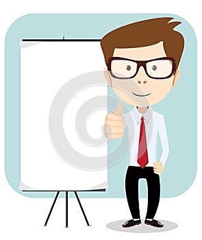 Cartoon Business man explaining and pointing at