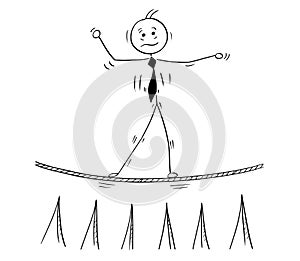 Cartoon of Business Man Walking on Tightrope Rope
