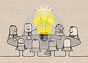Cartoon Business people around a table with big light bulb
