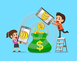 Cartoon business people using smartphones to earn money