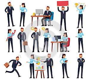 Cartoon business persons. Businessman professional woman in different office work situations. Vector characters set photo