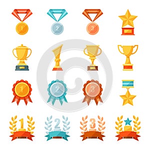 Cartoon business and sport awards and trophy illustration set, Colorful flat vector icons of medals, cups, and bowls