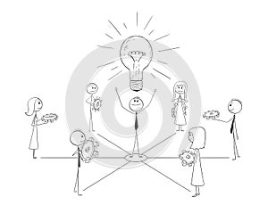Cartoon of Business Team and Leader Working Togeth